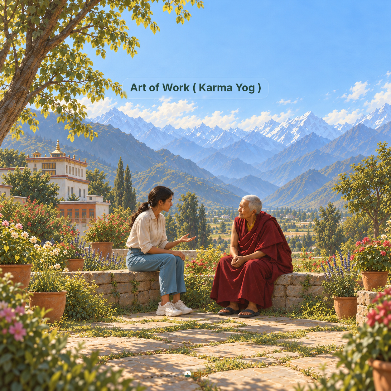 A woman and a monk in conversation in a garden overlooking the Himalayas