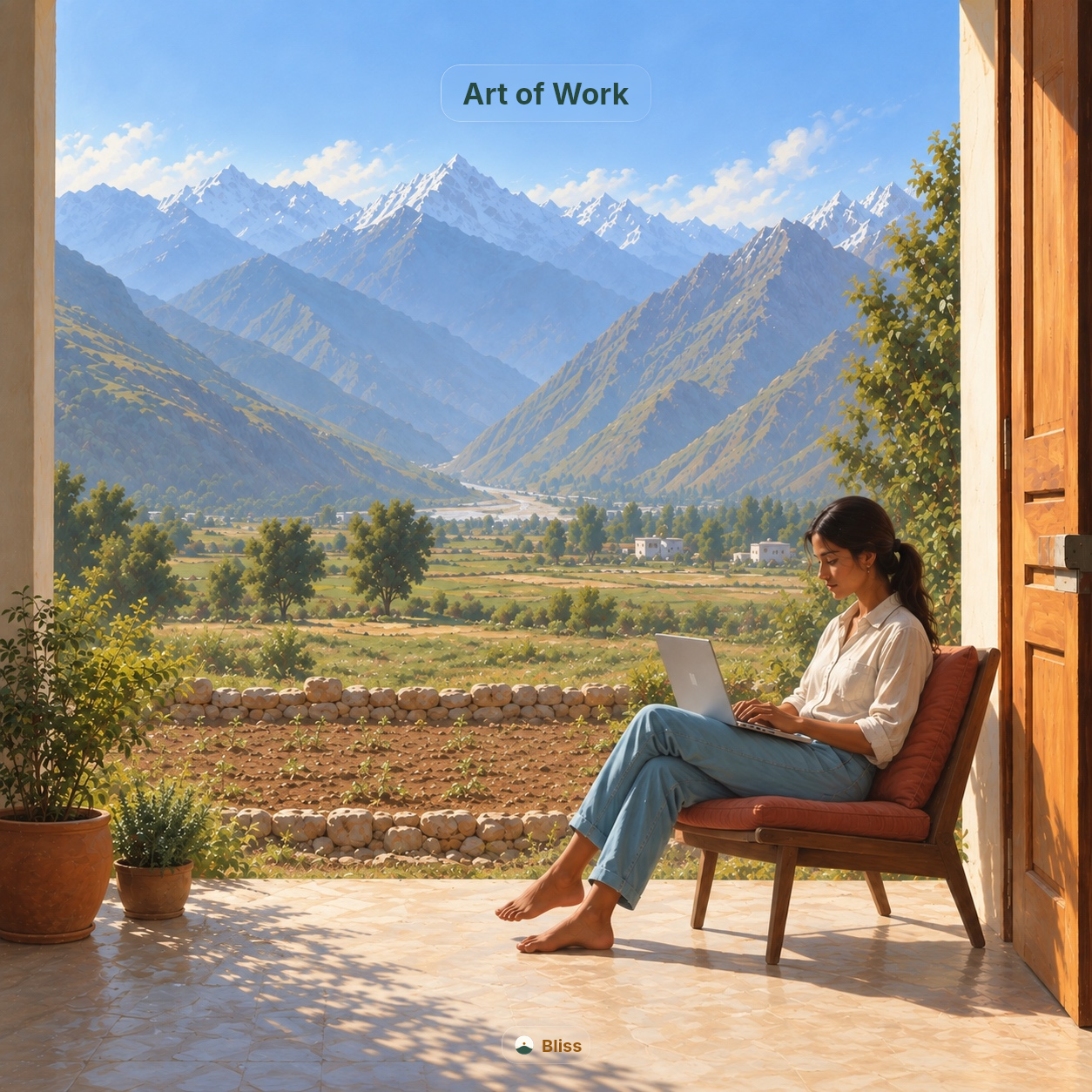 Art of Work workshop artwork showing a woman working beside an open Himalayan view