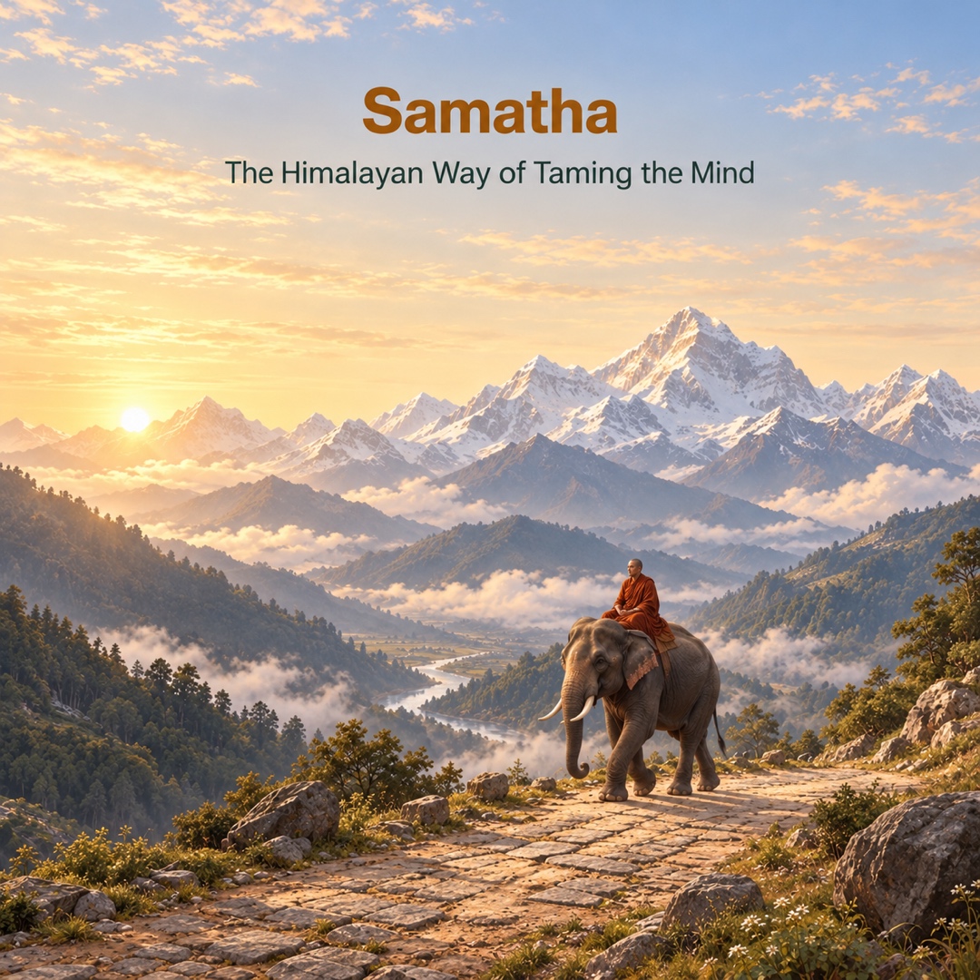 Samatha poster showing a monk riding an elephant on a sunlit Himalayan path